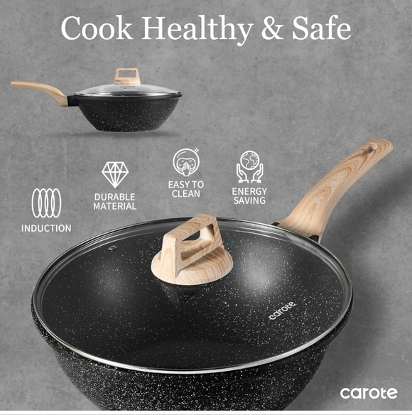 CAROTE Non Stick Wok with Lid 12\'\'/5.3QT Woks & Stir-fry Pan Nonstick Granite